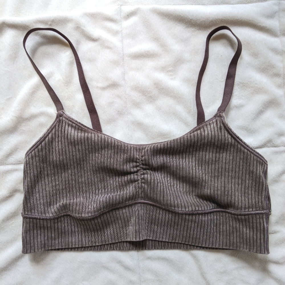 Aerie Offline bralette with ruched front, ribbed textured and grey/plum colour